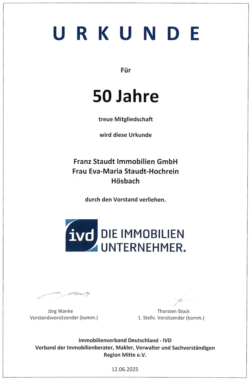 Urkunde 50 Jahre IVD Mitgliedschaft
